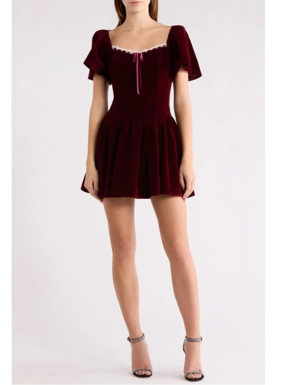 NWT All in Favor Sz Med Womens Flutter Sleeve Velvet Wine Lace Mini Dress Rt $65
